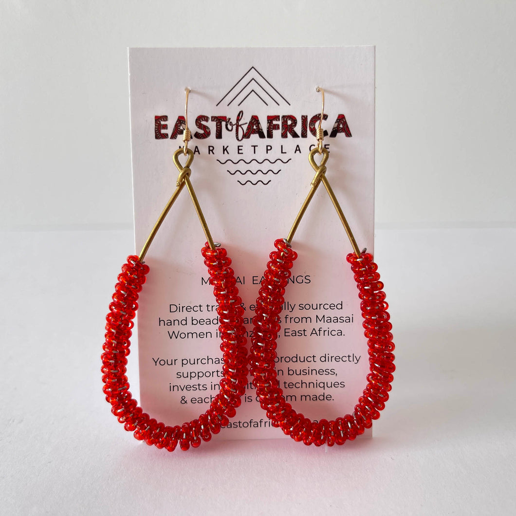 Maasai Beaded Earrings Wire Loop TRANSPARENT RED