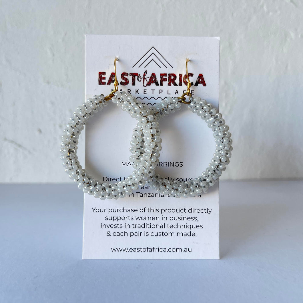 Maasai Beaded Earrings Wire Circle PEARL WHITE